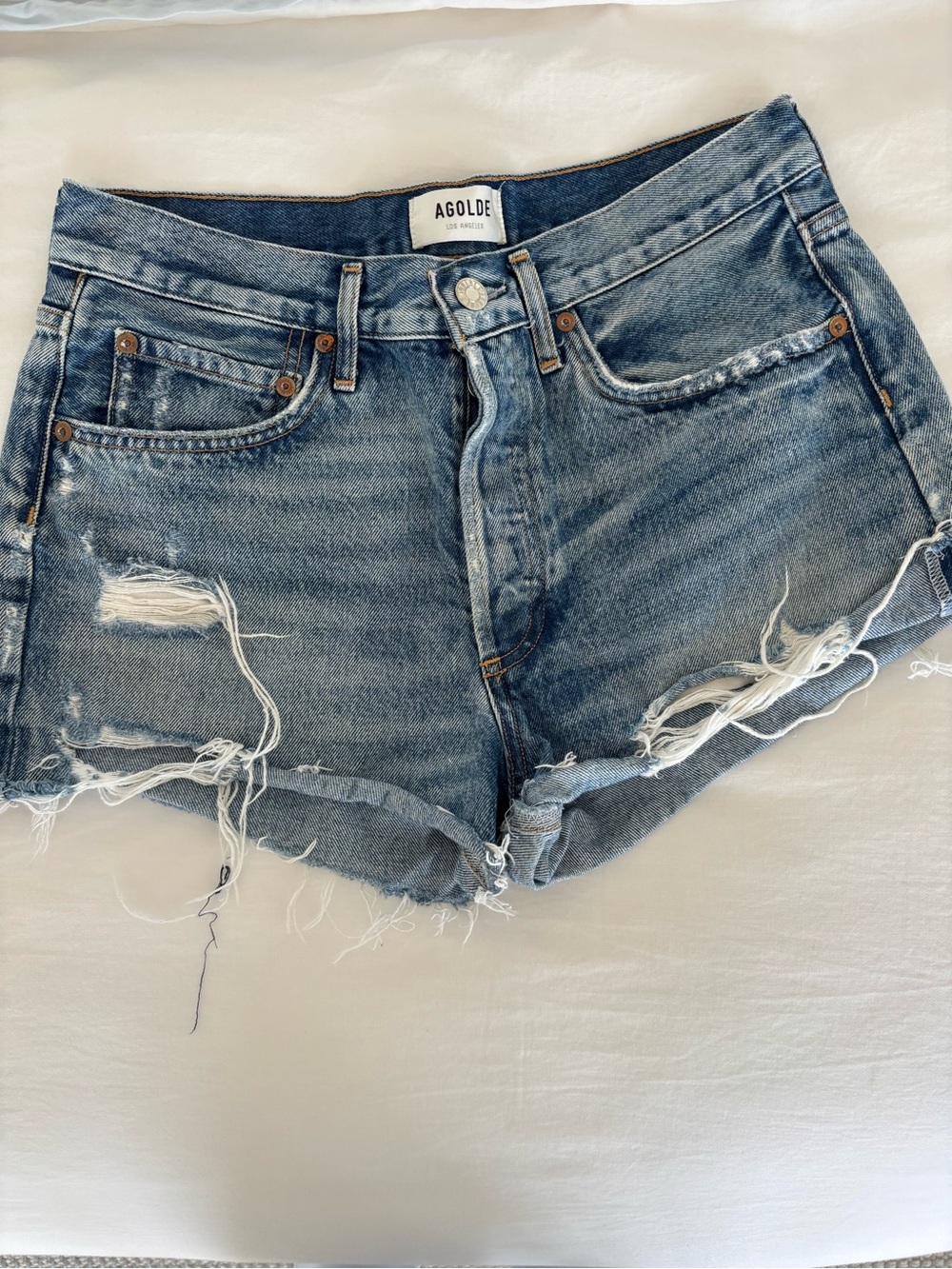 Agolde Parker Distressed Light Blue Denim Cutoff Shorts - 27